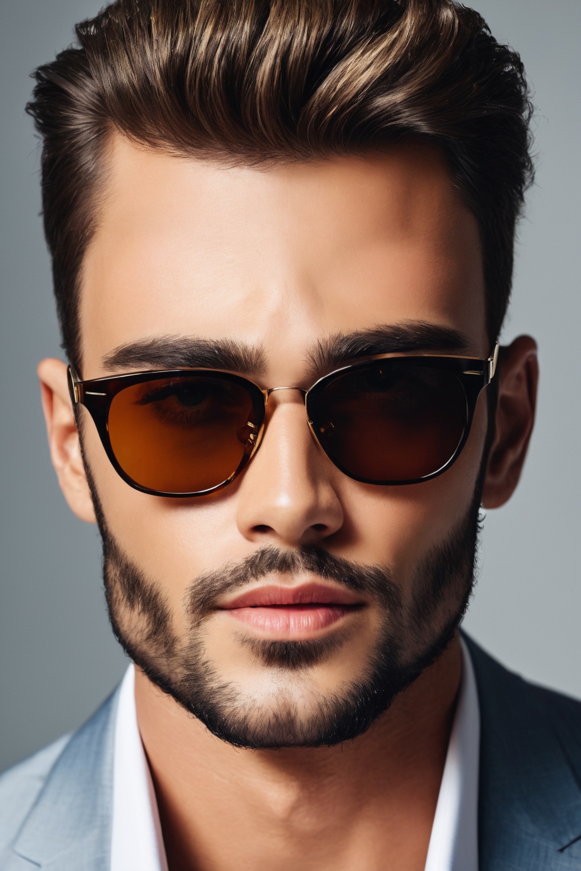 visually stunning portrait,  man with a stylish and confident expression,  wearing trendy sunglasses on Tensor.Art
