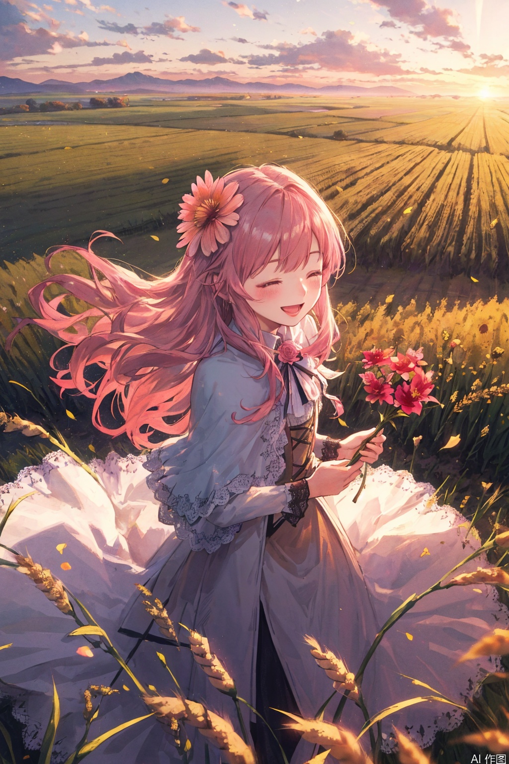  (drawn by Lynn Okamoto),center frame, sharp focus, (panorama, wide shot), best quality, masterpiece, extremely detailed, detailed background, (from above:1.2), 1girl, solo, pink hair, closed eyes, smile, open mouth, skirt, long hair, wavy hair, on side, fluffy hair, , french , blush, smile, capelet, lace trim, bodice, sunset, long dress, dusk, scenery, gold sky, high place, horizon, wheat field, wheat ears, wind, wind blow, looking at viewer, (depth of field), bokeh, (holding a flower:1.3), (holding:1.2),(medium):0.5,