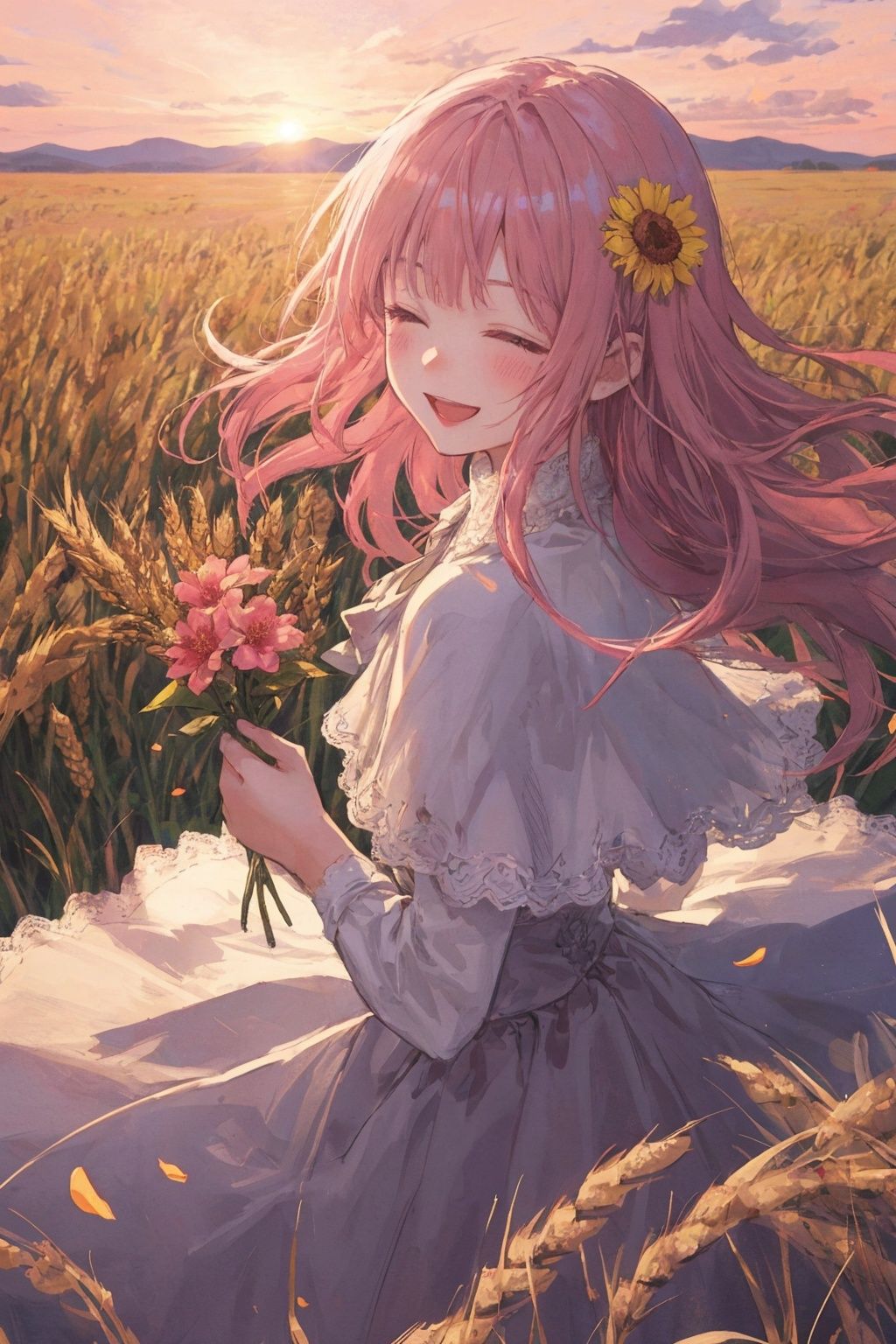  (drawn by Lynn Okamoto),center frame, sharp focus, (panorama, wide shot), best quality, masterpiece, extremely detailed, detailed background, (from above:1.2), 1girl, solo, pink hair, closed eyes, smile, open mouth, skirt, long hair, wavy hair, on side, fluffy hair, , french , blush, smile, capelet, lace trim, bodice, sunset, long dress, dusk, scenery, gold sky, high place, horizon, wheat field, wheat ears, wind, wind blow, looking at viewer, (depth of field), bokeh, (holding a flower:1.3), (holding:1.2),(medium):0.5,