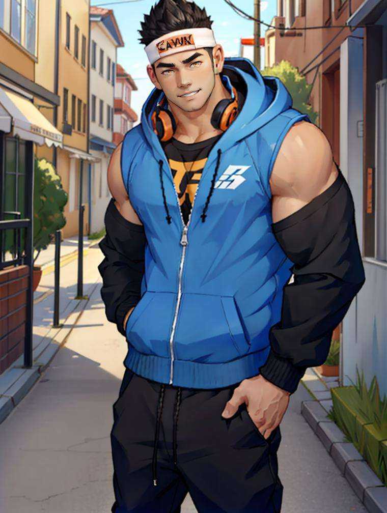 lee (gyee), solo, looking at viewer, smile, short hair, shirt, black hair, 1boy, jacket, yellow eyes, male focus, pants, hood, black shirt, hoodie, muscular, headband, thick eyebrows, hood down, pectorals, muscular male, spiked hair, blue jacket, bara, hooded jacket, large pectorals, sideburns, hands in pockets, headphones around neck, sleeveless jacket, sleeveless hoodie <lora:Lee_Gyee:1>