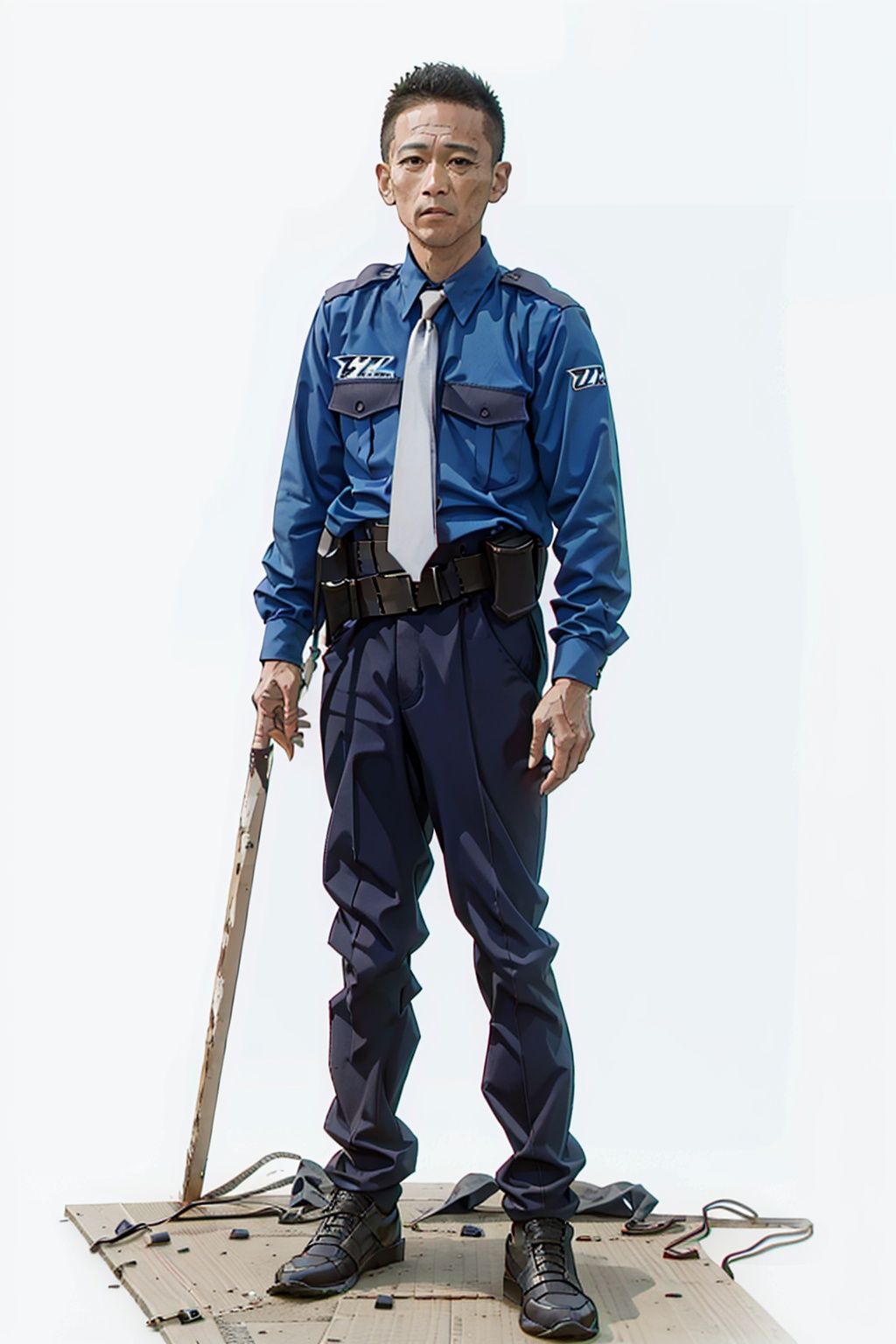  (masterpiece:1.3), (the best quality:1.2), (super fine illustrations:1.2), (Masterpiece), high quality, high detail,((white background:1.2)), looking at viewer, (SOLO:1.4),outline,,simple background,police uniform,belt pouch,emblem,military uniform,logo,belt,necktie, shoes, belt, suit, uniform, pants, shirt