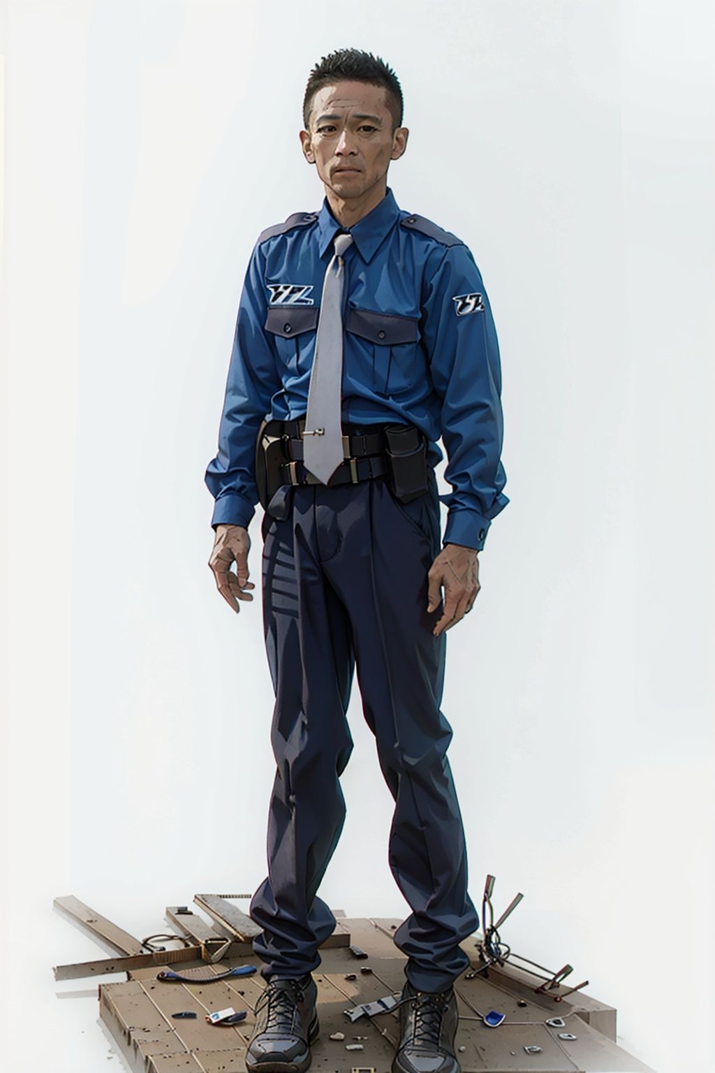  (masterpiece:1.3), (the best quality:1.2), (super fine illustrations:1.2), (Masterpiece), high quality, high detail,((white background:1.2)), looking at viewer, (SOLO:1.4),outline,,simple background,police uniform,belt pouch,emblem,military uniform,logo,belt,necktie, shoes, belt, suit, uniform, pants, shirt