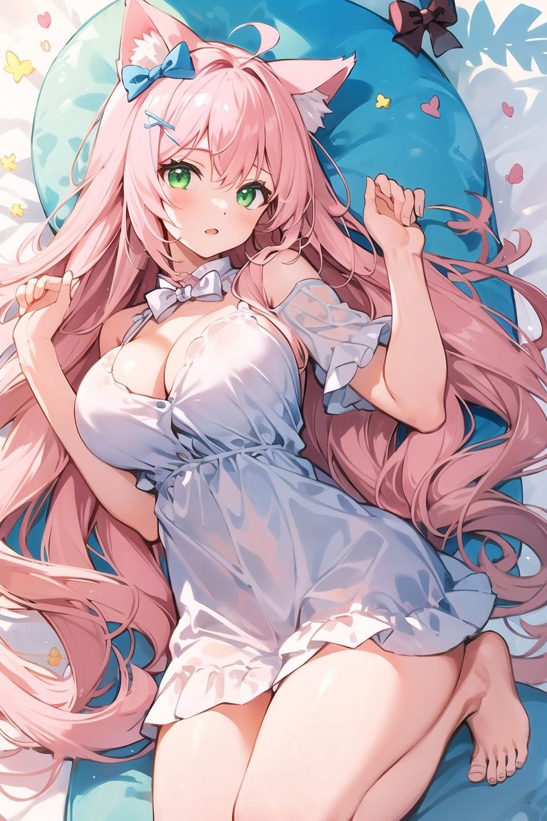 1 cat girl,(solo),(light pink hair),(big breasts),long wavy hair,cat ears,green eyes,white bow ornament,barefoot