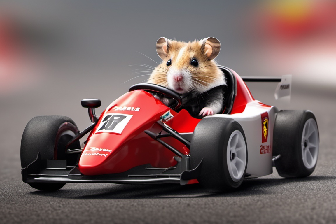 One Hamster with red amd black racing leathers,  wearing open racing helmet,  paws on steering wheels on Tensor.Art
