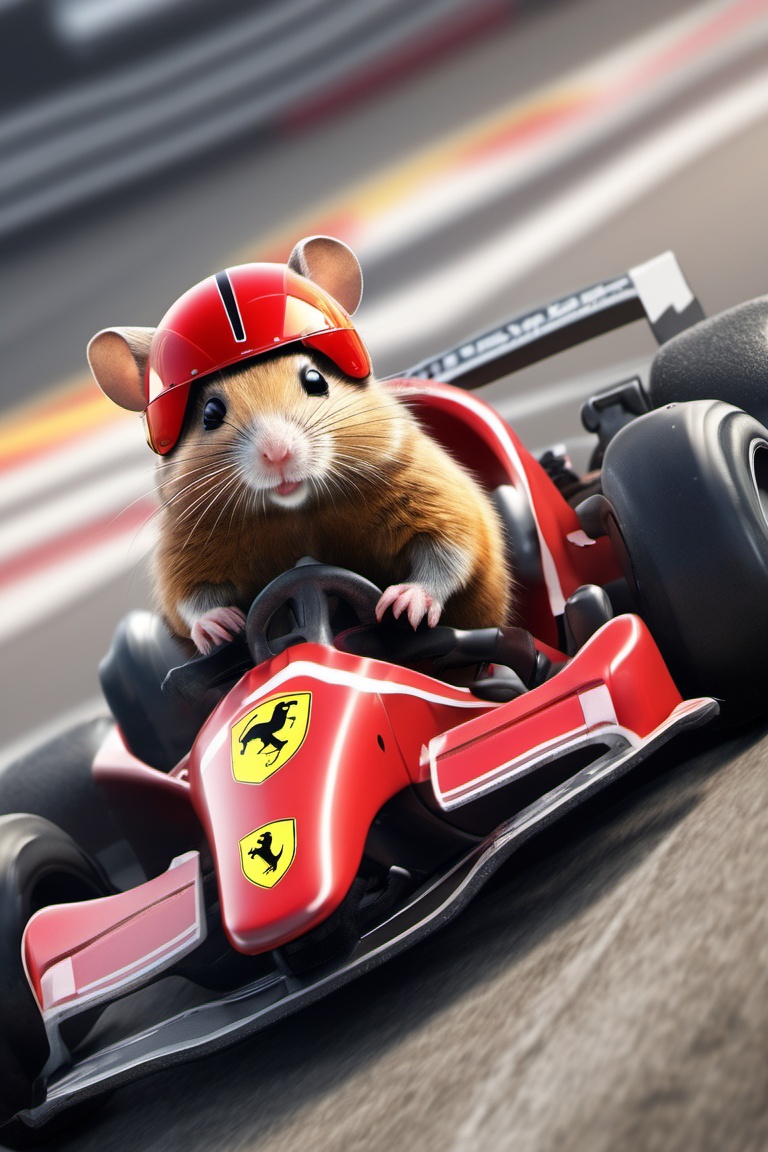 One Hamster with racing helmet red and black racing leathers,  paws on steering wheels,  driving Indy_Formula 1 vehicle fo...