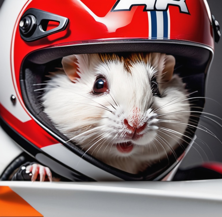 One Hamster with racing helmet red and black,  cut outs on helmet for furry hamster ears,  white and red racing leathers o...