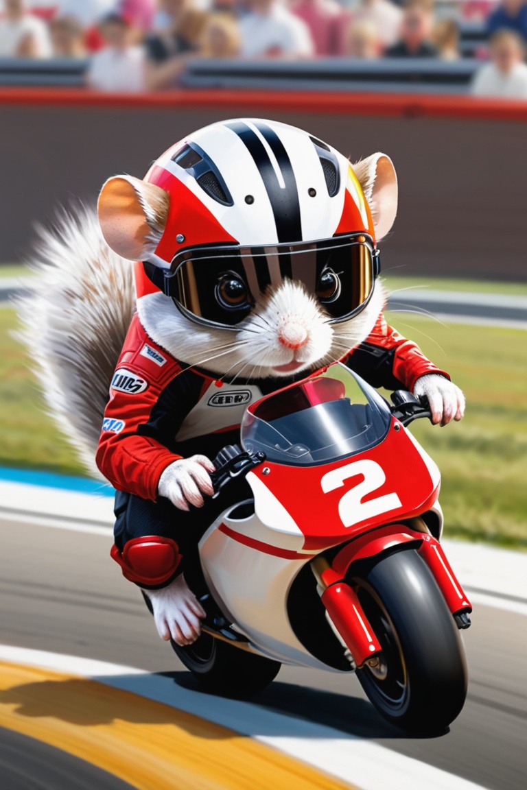 One Hamster with racing helmet red and black,  cut outs on helmet for furry hamster ears,  white and red racing leathers o...