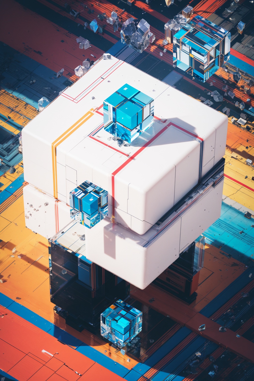 a abstract cube made of crystal on top of different color lines road in the style of bb3l15 on Tensor.Art