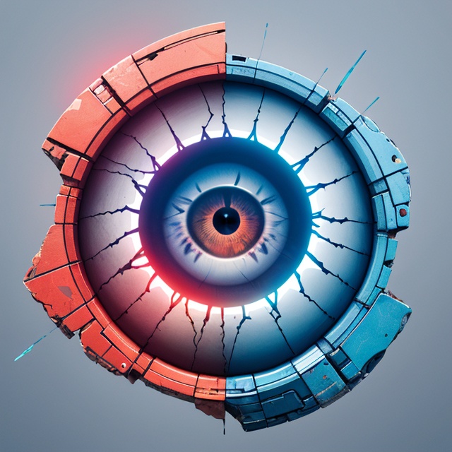 a transparent blue and red fracture ellipse eye over a soft grey background in the style of bb3l15 on Tensor.Art