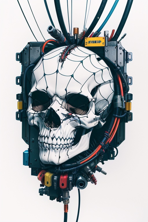 color tubes and wires mechanical,  sliced skull in the midle,  in the style of bb3l15 (over white background) on Tensor.Art