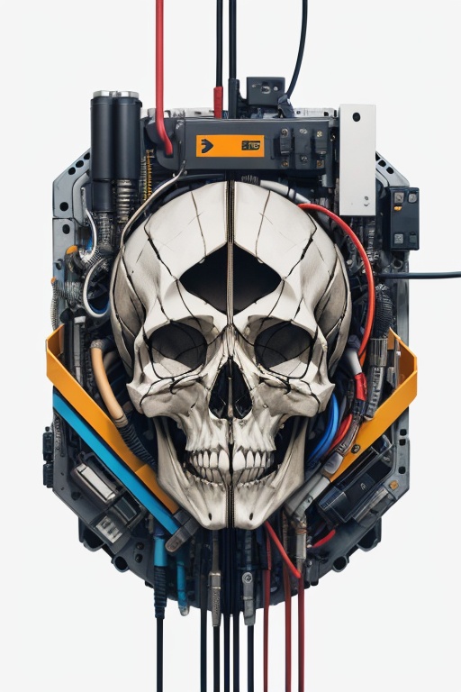 color tubes and wires mechanical,  sliced skull in the midle,  in the style of bb3l15 (over white background) on Tensor.Art