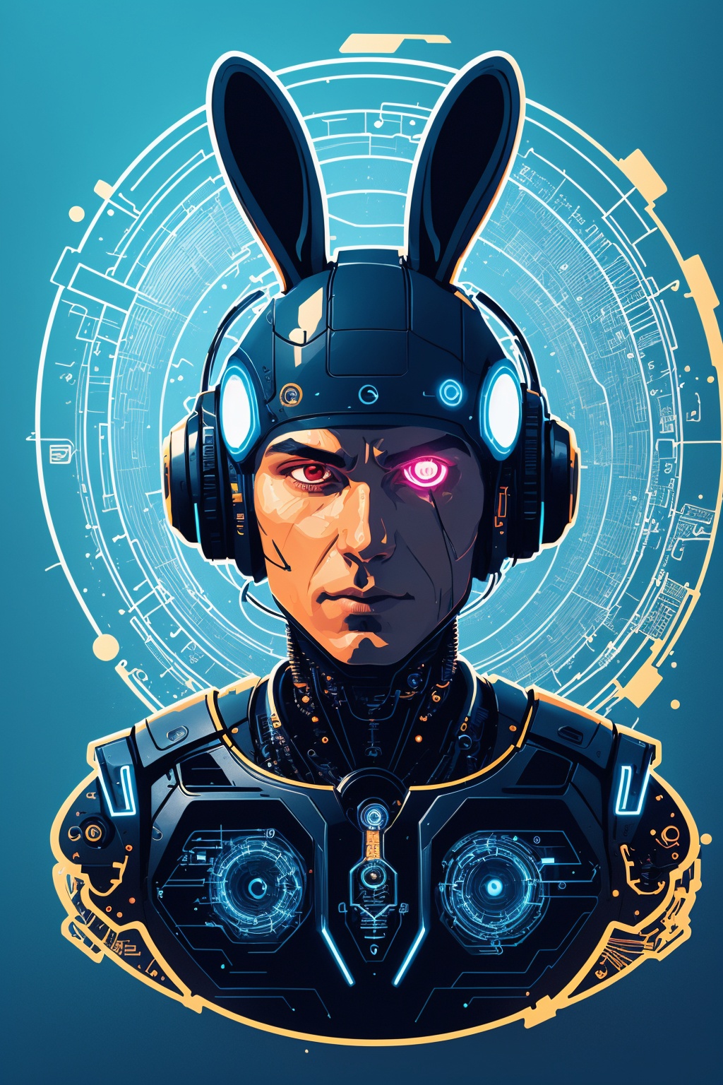 Create an (8K, high-definition resolution) vector illustration of a (male cyborg) in a (standing position). The composition should achieve (perfect centralization) with the character (Donnie's rabbit) by his side. The cyborg is (centered) and (facing the camera) with a gaze that signifies (nearing perfection). Yet, there's a sense of (sadness) and (despair) evident in his expression. The illustration should depict the cyborg's (full body) with his (hands on his head), conveying an (abstract beauty) in a (dynamic) and (highly detailed) style. The image should have (smooth) and (sharp focus) to capture intricate details, creating an impressive and emotionally charged piece of (illustration).