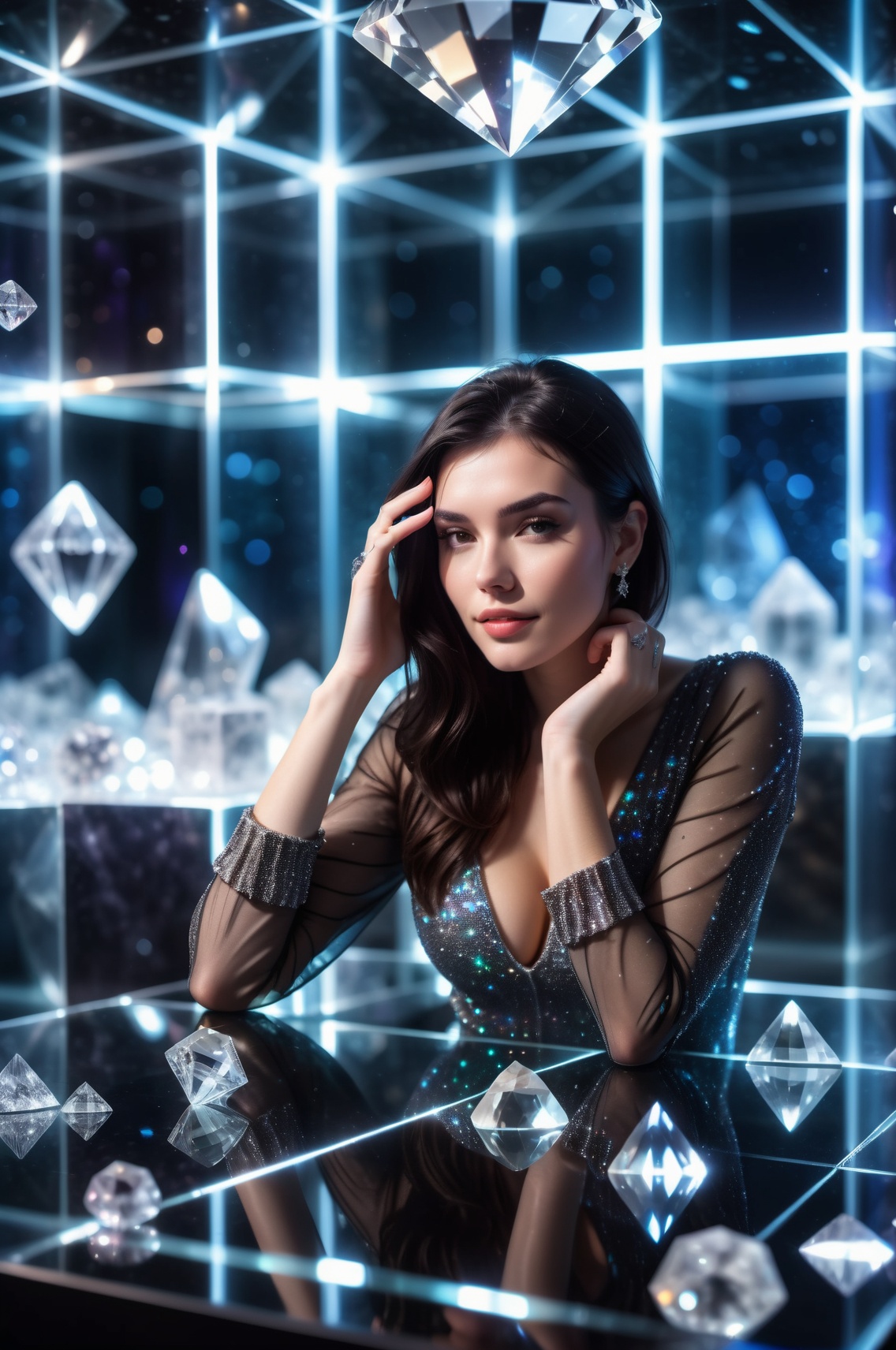 1girl European dark hair chilling in the crystal museum cube,  diamond material,  twinkle glow on Tensor.Art