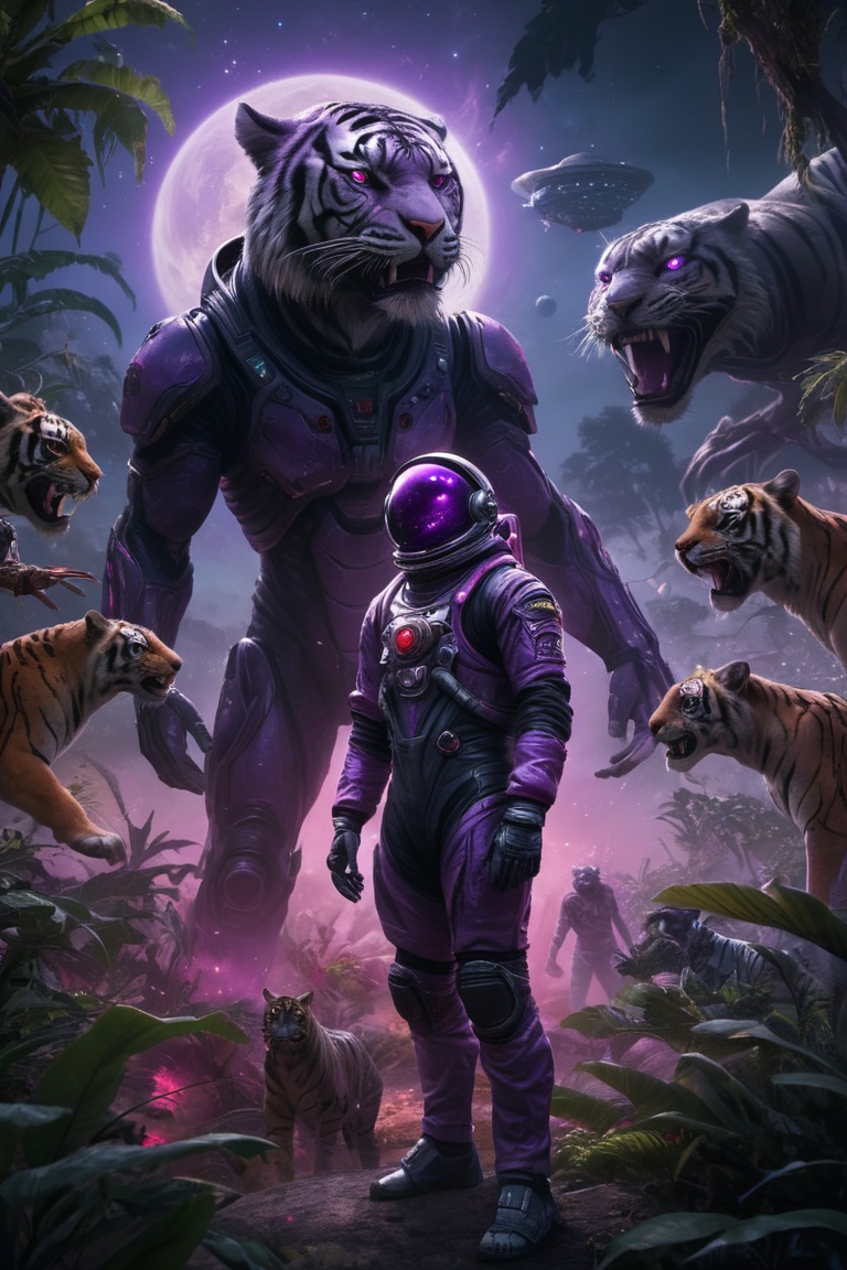 A lost but calm astronaut on a planet surrounded by monstrous scared aliens. and the planet dresses skies and landscapes i...