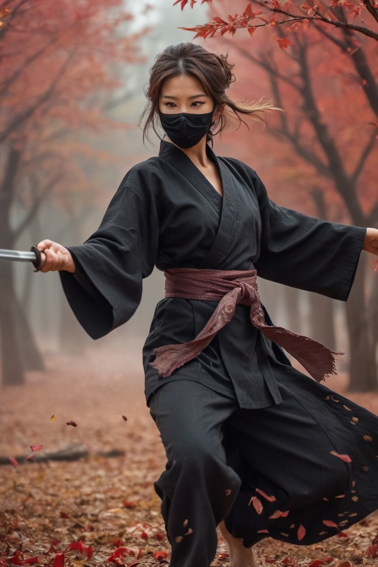 ninja woman,  black karate gi,  black face mask on Tensor.Art