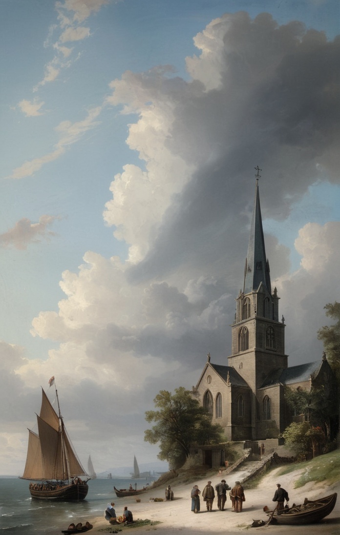 an landscape Abraham Pether painting of a partly cloudy sky over a seaside church with figures loading an 18th century sai...