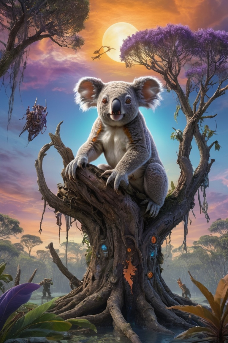 Mythical Koala,  on last eucapyptis tree on swamp planet,  surrounded by alien cyborg quaripeds that look like yoda mixed...
