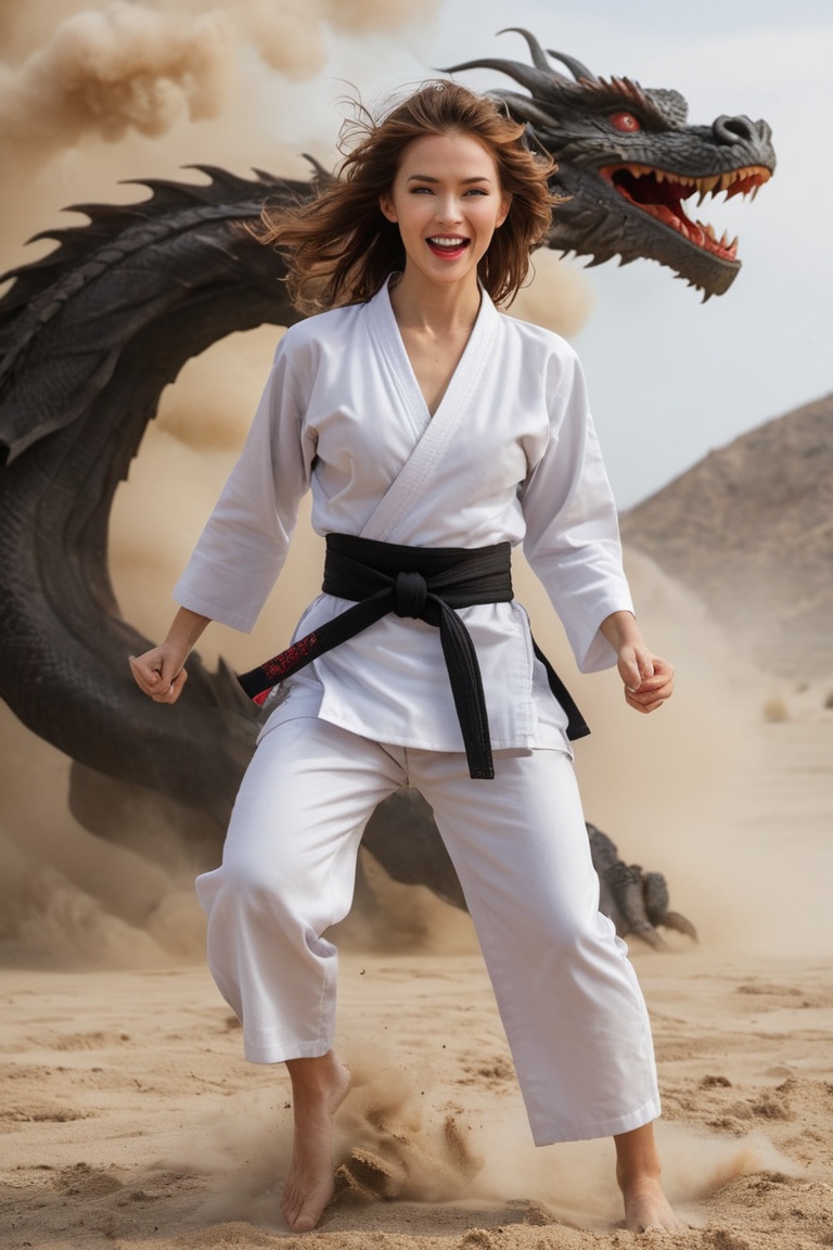 ninja woman,  black karate gi,  lips smiling on Tensor.Art