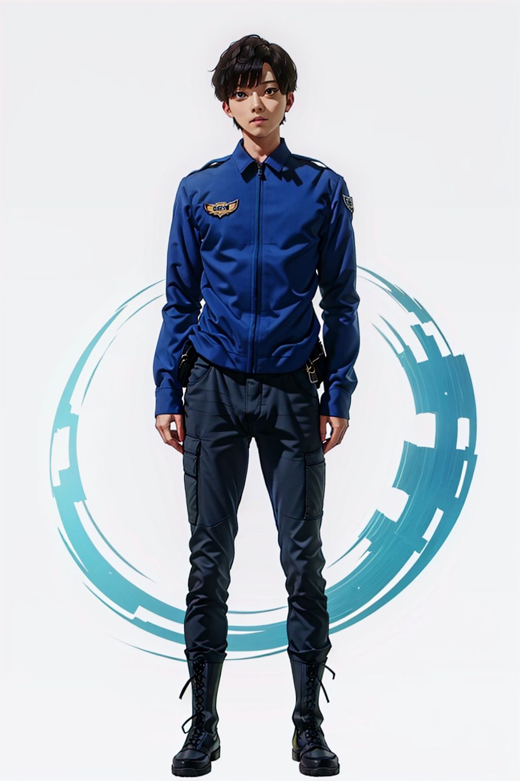  (masterpiece:1.3), (the best quality:1.2), (super fine illustrations:1.2), (Masterpiece), high quality, high detail,((white background:1.2)), looking at viewer, (SOLO:1.4),outline,,simple background,boots, emblem, police uniform, military uniform, pants, blue jacket, logo, helmet, uniform, belt, hat