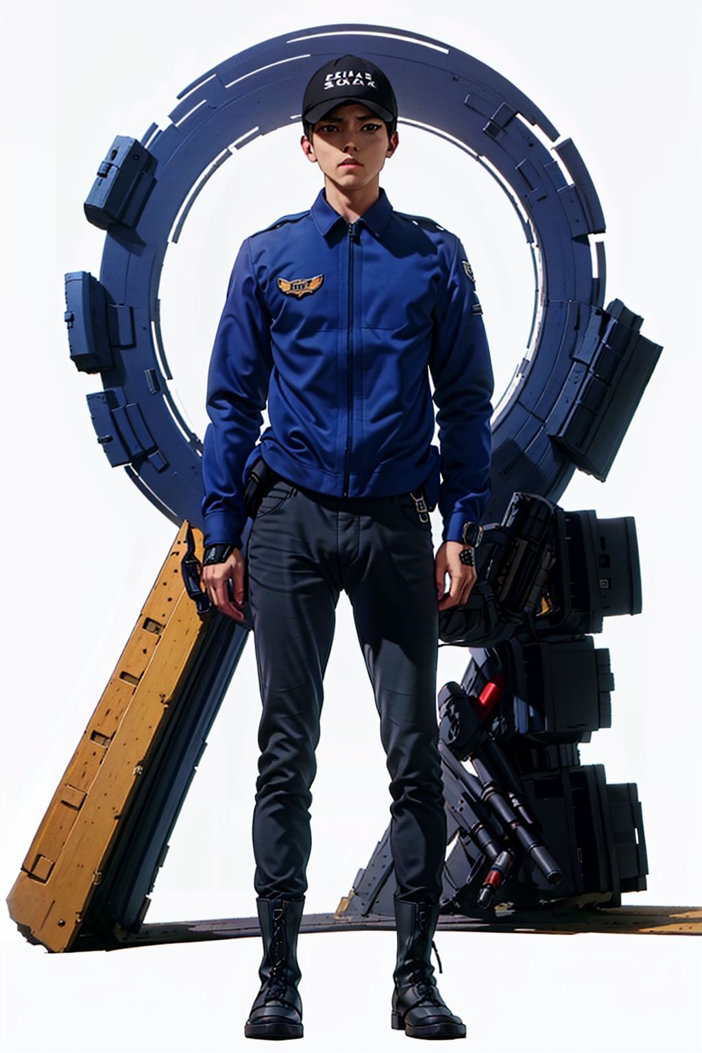  (masterpiece:1.3), (the best quality:1.2), (super fine illustrations:1.2), (Masterpiece), high quality, high detail,((white background:1.2)), looking at viewer, (SOLO:1.4),outline,,simple background,boots, emblem, police uniform, military uniform, pants, blue jacket, logo, helmet, uniform, belt, hat
