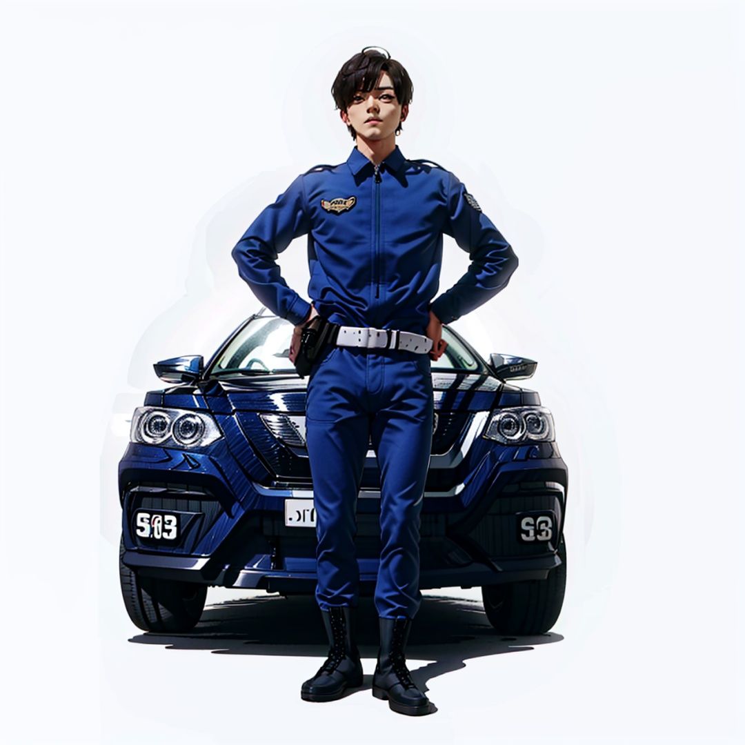 (masterpiece:1.3), (the best quality:1.2), (super fine illustrations:1.2), (Masterpiece), high quality, high detail,((white background:1.2)), looking at viewer, (SOLO:1.4),outline,,simple background,boots, emblem, police uniform, military uniform, pants, blue jacket, logo, helmet, uniform, belt, hat