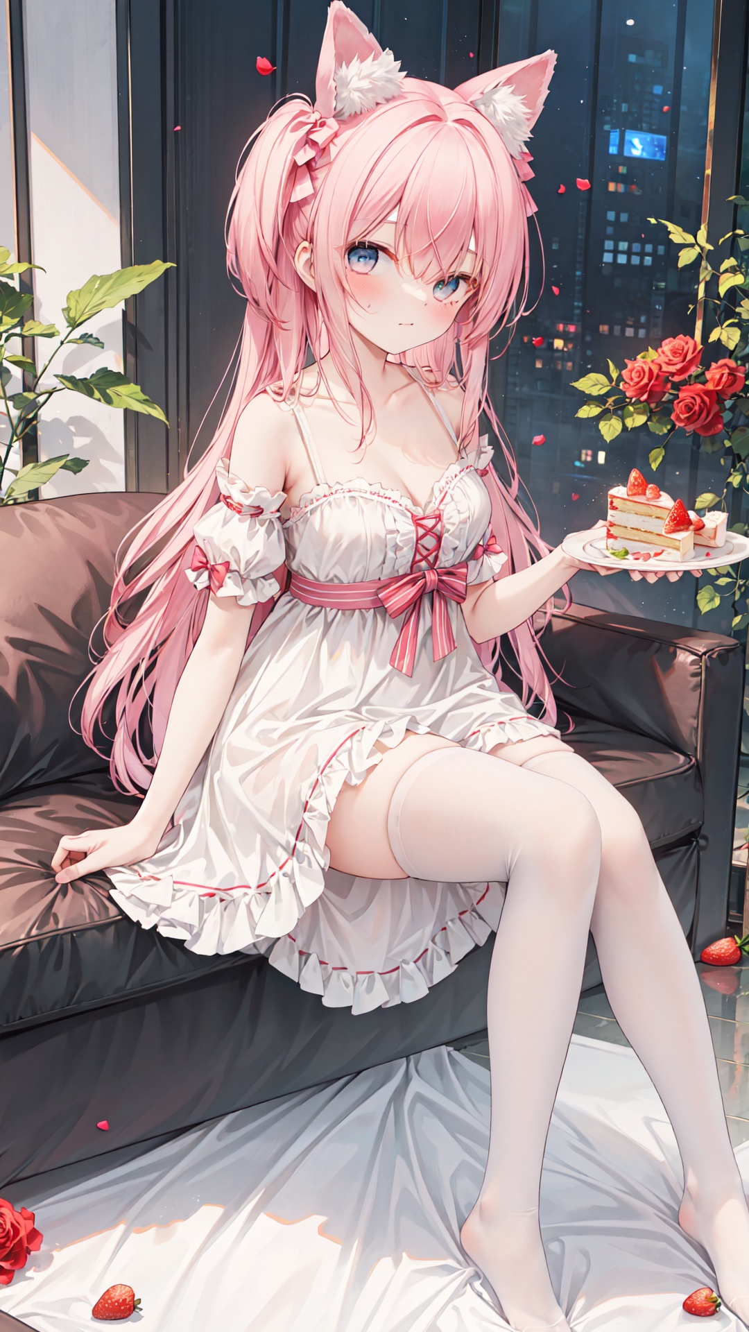  1girl, solo, food, blonde hair, thighhighs, breasts, long hair, white thighhighs, fork, petals, flower, cleavage, cake, dress, rose, pink bow, white dress, holding, bangs, strawberry, bare shoulders, bow, puffy sleeves, blush, puffy short sleeves, plate, very long hair, short sleeves, medium breasts, hair bow, no shoes, looking at viewer, frills, detached sleeves, indoors, white sleeves, closed mouth, holding fork, collarbone, frilled dress, blue eyes, cake slice, fruit, sitting, pink ribbon, red flower, hair between eyes, eating, see-through, blurry, red rose, depth of field, full body, sleeveless dress, rose petals