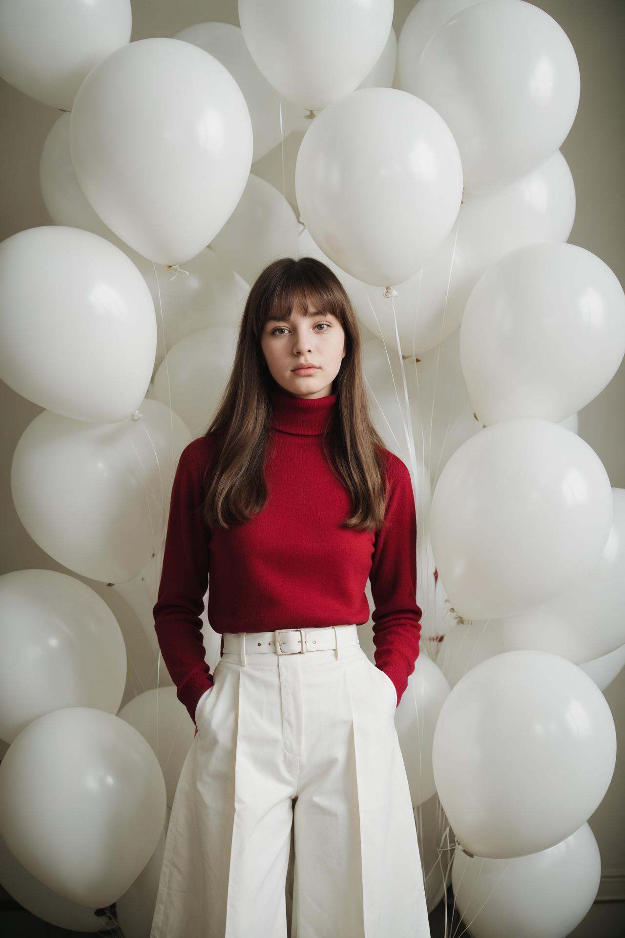 fashion portrait photo of beautiful young woman from the 60s wearing a red turtleneck standing in the middle of a ton of w...