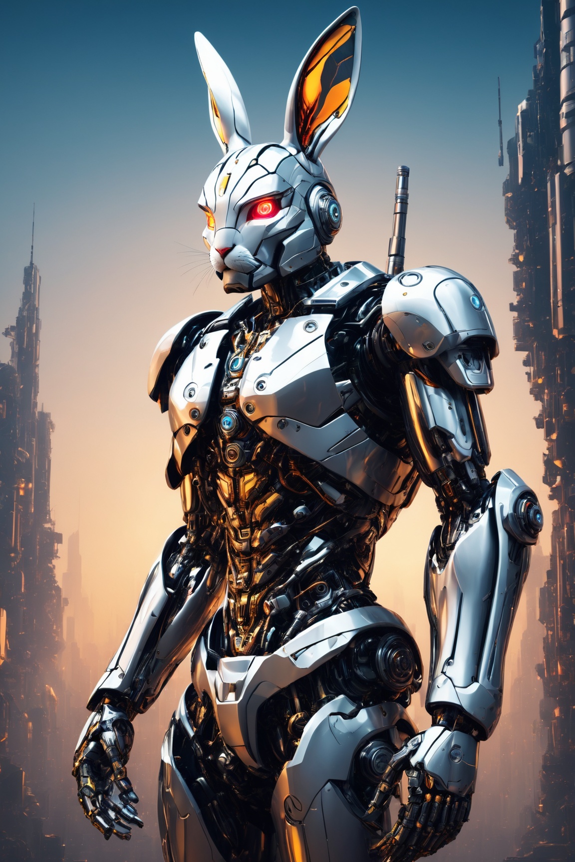 Create an (8K,  high-definition resolution) vector illustration of a (male cyborg) in a (standing position). The compositi...