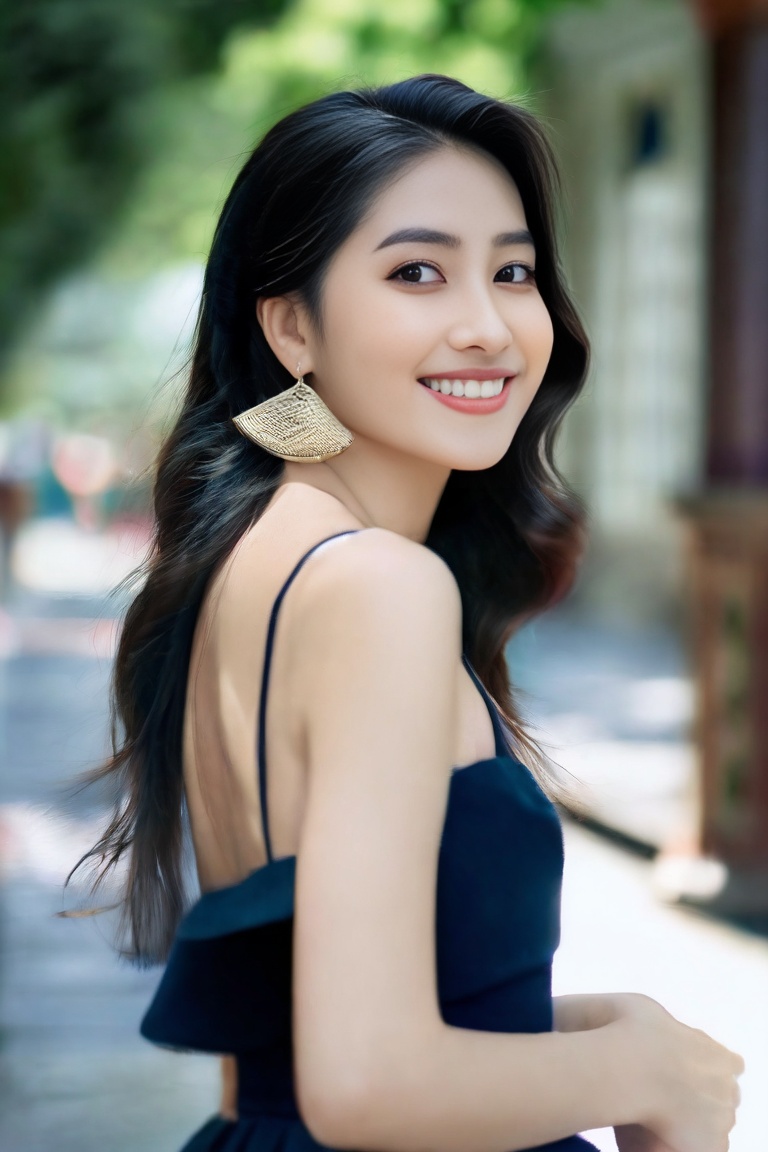 (Masterpiece, best quality, ultra realistic,32k, RAW photo, detail skin, 8k uhd, dslr, high quality, film grain:1.5),1girl, long hair, looking at viewer, smile, black hair, dress, jewelry, standing, flower, earrings, outdoors, blurry, black eyes, blurry background, realistic, 35mm film