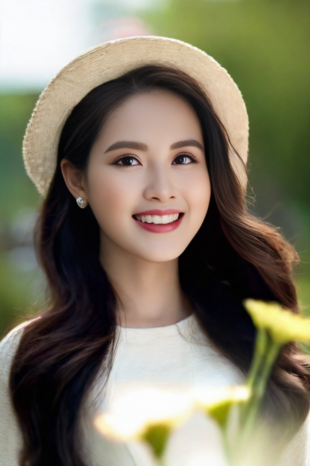 (Masterpiece, best quality, ultra realistic,32k, RAW photo, detail skin, 8k uhd, dslr, high quality, film grain:1.5),1girl, white ao dai, pants, long hair, looking at viewer, smile, black hair, long sleeves, dress, jewelry, standing, flower, earrings, outdoors, white dress, blurry, black eyes, blurry background, realistic, 16mm film live soft color