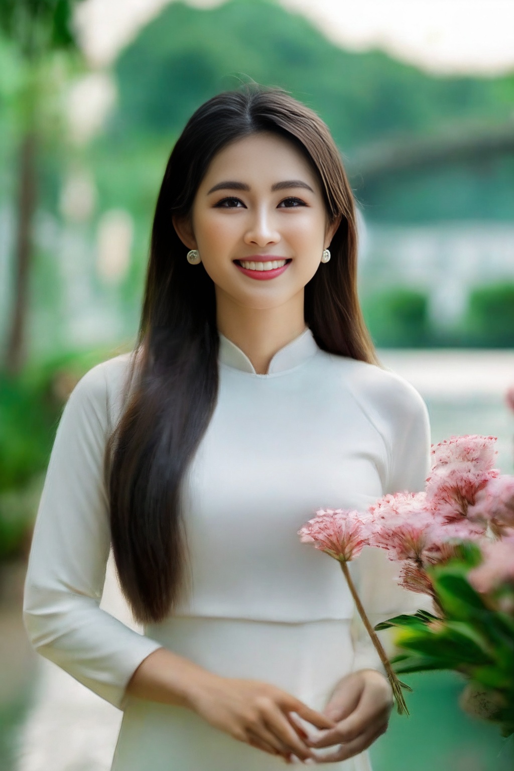 (Masterpiece, best quality, ultra realistic,32k, RAW photo, detail skin, 8k uhd, dslr, high quality, film grain:1.5),1girl, white ao dai, pants, long hair, looking at viewer, smile, black hair, long sleeves, dress, jewelry, standing, flower, earrings, outdoors, white dress, blurry, black eyes, blurry background, realistic, 16mm film live soft color