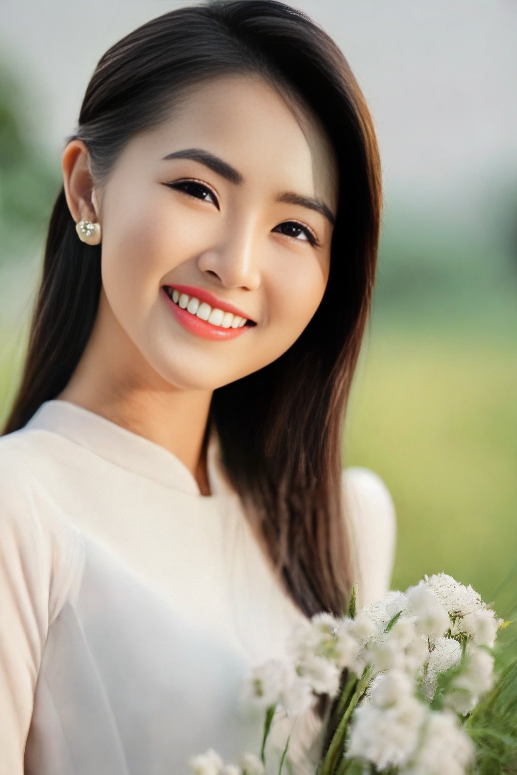 (Masterpiece, best quality, ultra realistic,32k, RAW photo, detail skin, 8k uhd, dslr, high quality, film grain:1.5),1girl, white ao dai, pants, long hair, looking at viewer, smile, black hair, long sleeves, dress, jewelry, standing, flower, earrings, outdoors, white dress, blurry, black eyes, blurry background, realistic, 16mm film live soft color