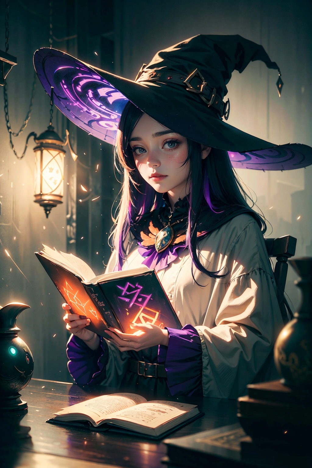 witch mixing potion and stuff with his magical friend owl,  in a room field with books and potions,  lamp on his sidee whi...