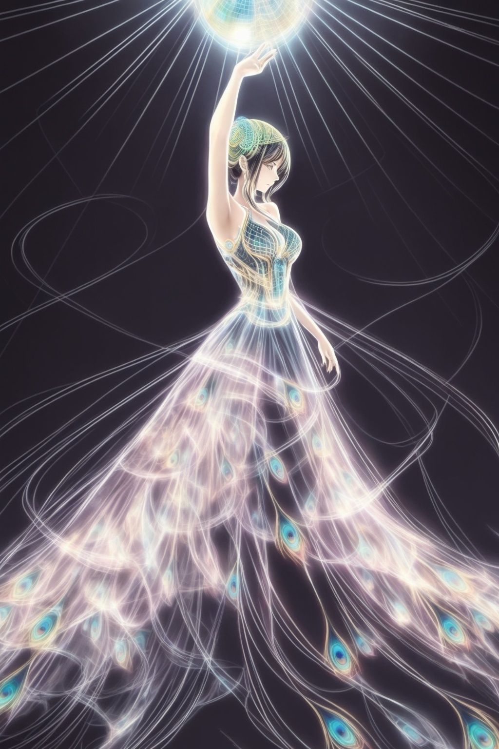  Best quality, 8k, cg,1girl,Peacock Dress,perspective,on black