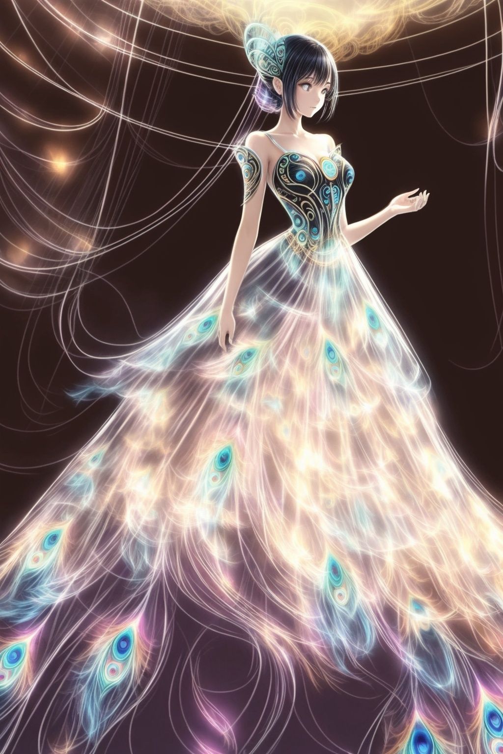  Best quality, 8k, cg,1girl,Peacock Dress,perspective,on black