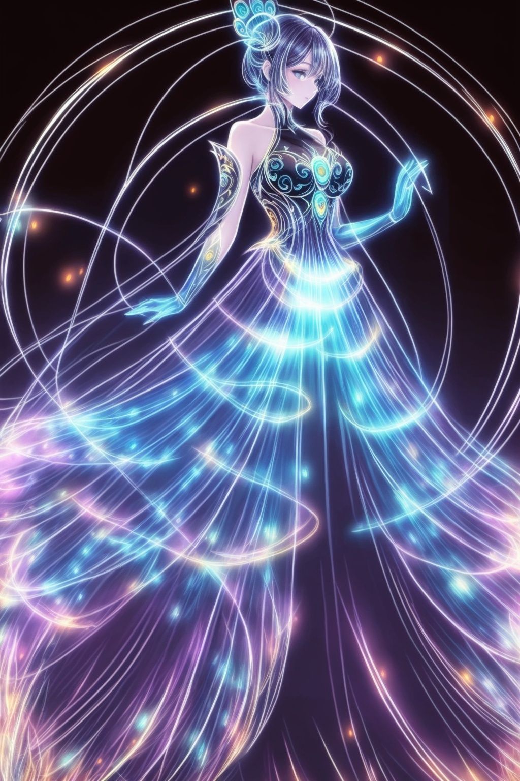  Best quality, 8k, cg,Peacock Dress,Colorful Dress,1girl,light,Line glow