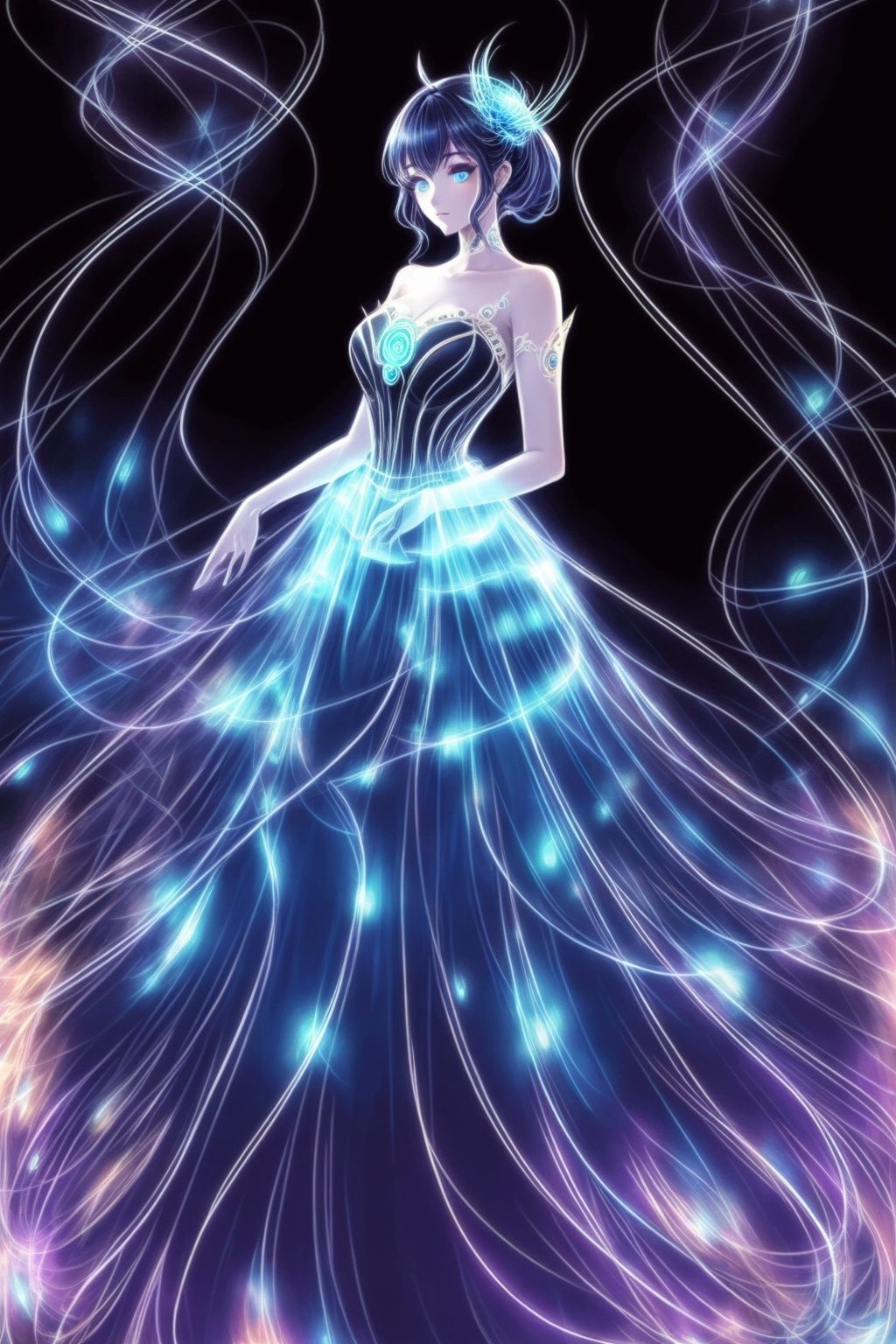  Best quality, 8k, cg,Peacock Dress,Colorful Dress,1girl,Line glow