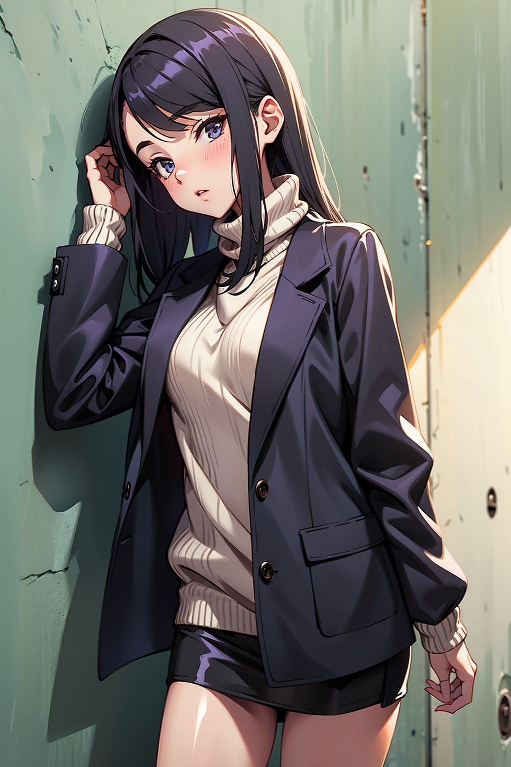 Against the wall,  1girl,  sweater jacket, <lora:EMS-71266-EMS:1.000000>