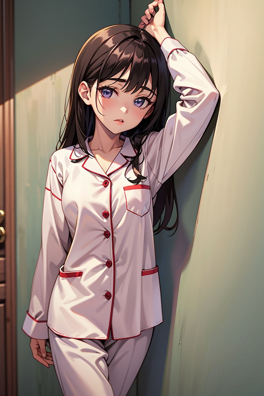 Against the wall,  1girl,  pajamas, <lora:EMS-71266-EMS:1.000000>