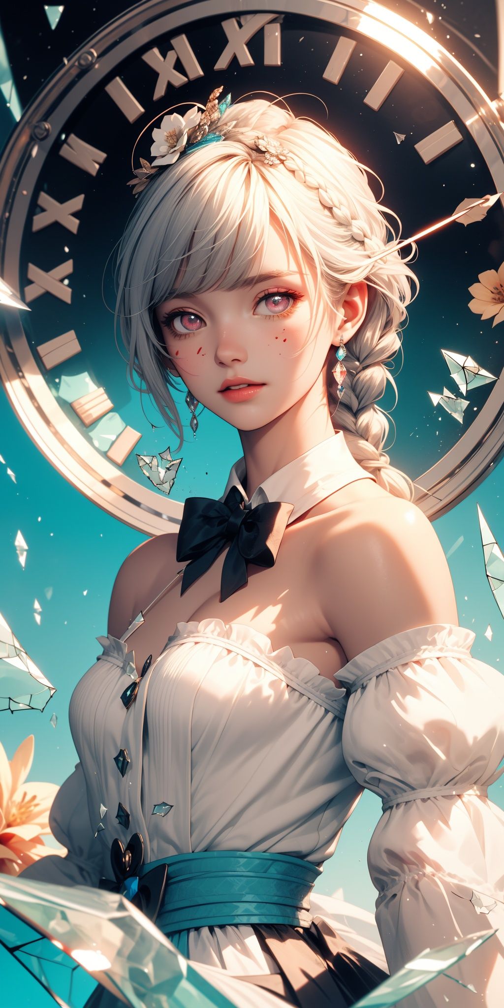 (((masterpiece))),best light,extremely detailed CG,(broken glass:1.5),(blue theme),sparkle,lens flare,light leaks,(illustration:1.2),(low saturation:1.4),(low contrast:1.4),(contrast colour:1.2),1girl,(detailed Glass hair:1.3),Gem body,/////,crystalline purple gemstone gloves,(long white hair:1.3),(mini top hat),detailed red eyes,hair between eyes,braid,french braid,disheveled hair,ankle lace-up,off-shoulder dress,big top sleeves,floating,beautiful detailed gemstone sky,gemstone sea,beautiful detailed eyes,overexposure,side blunt bangs,hairs between eyes,ribbons,bowties,buttons,bare shoulders,(((small breast))),pleated skirt,crystals texture flowers,(magic circle:0.9)/=(clock:1.35),finely detail,Depth of field,Blood drop,Blood fog,