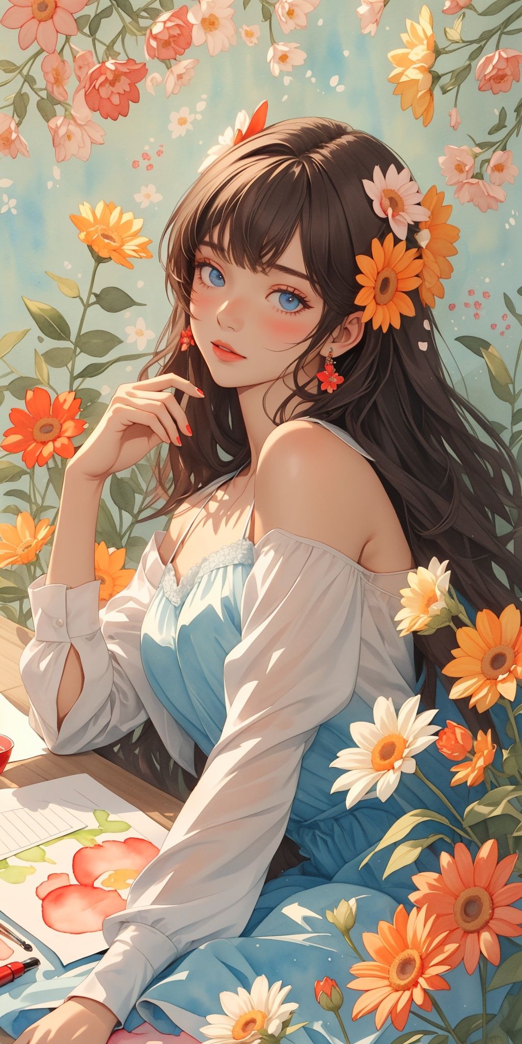 High quality,masterpiece,wallpaper,1 girl,orange,red,blue,One girl lying on a large piece of paper,flower (painted in watercolor),whole body,BREAK (oversized dress:1.2),