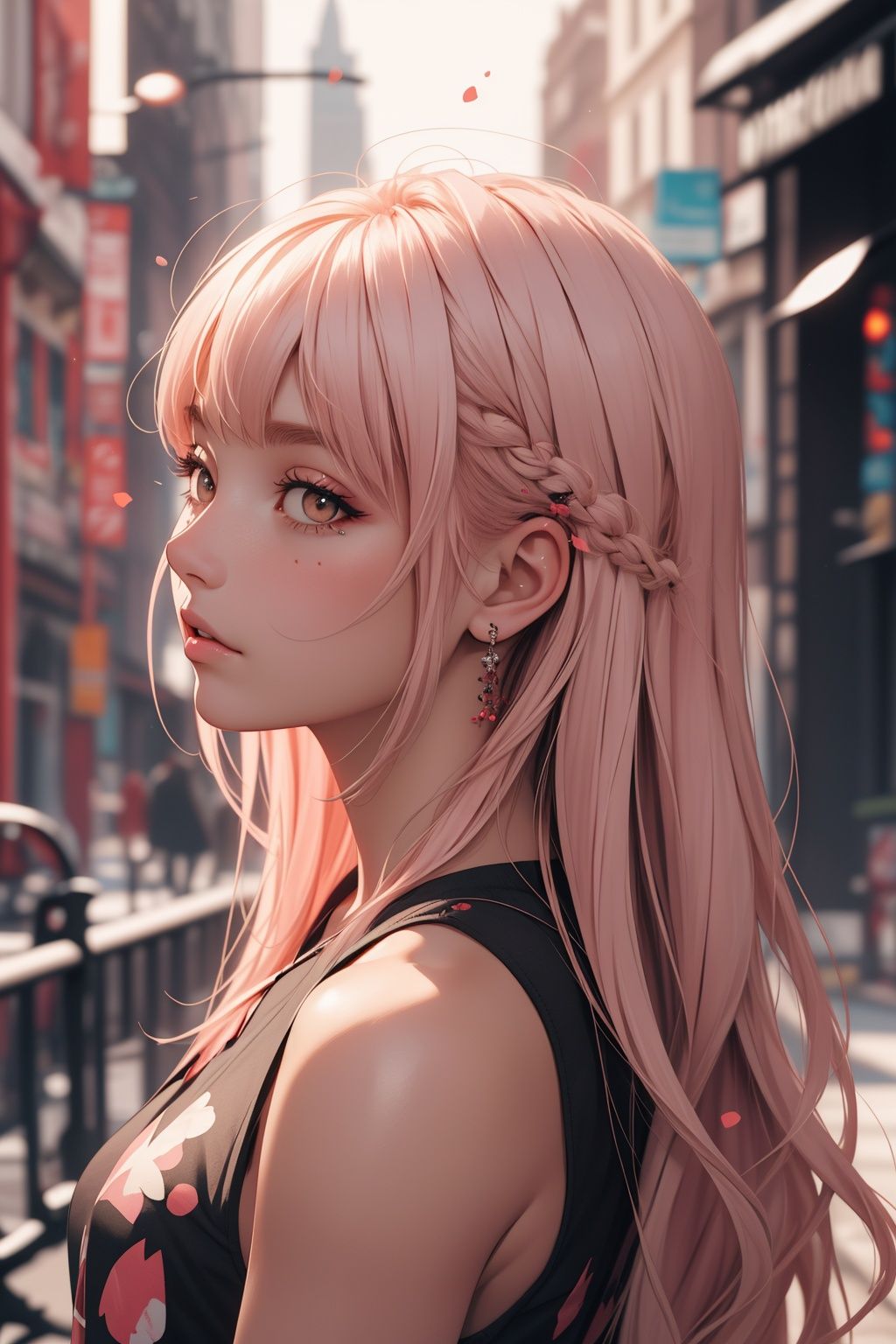 masterpiece,best quality,ultra high res,1girl,(abstract art:1.4),bleeding color,visually stunning,beautiful,evocative,emotional,side view,colored sclera,brown eyes,light pink hair,
