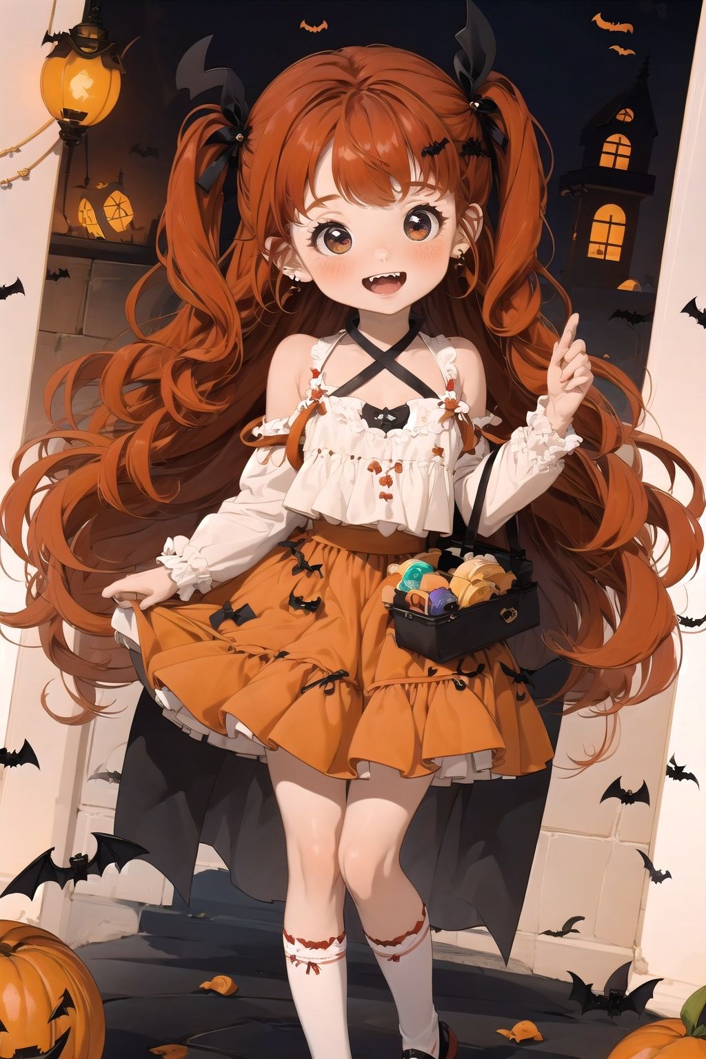  Best quality,16k,cg,1girl,candy,basket,bat,fangs,castle,smile,blush,lantern,orange_bow