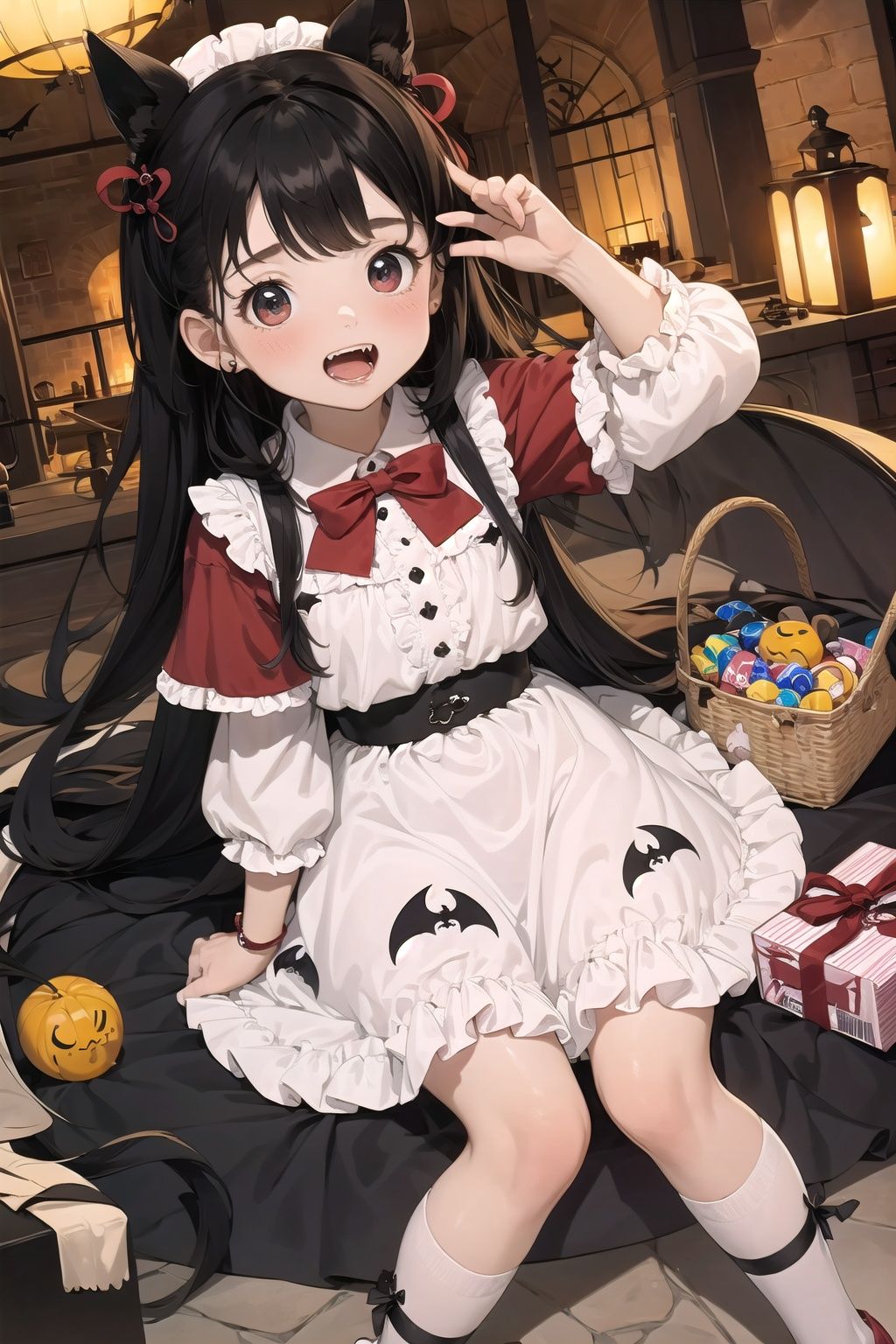  Best quality,16k,cg,1girl,candy,basket,bat,fangs,castle
