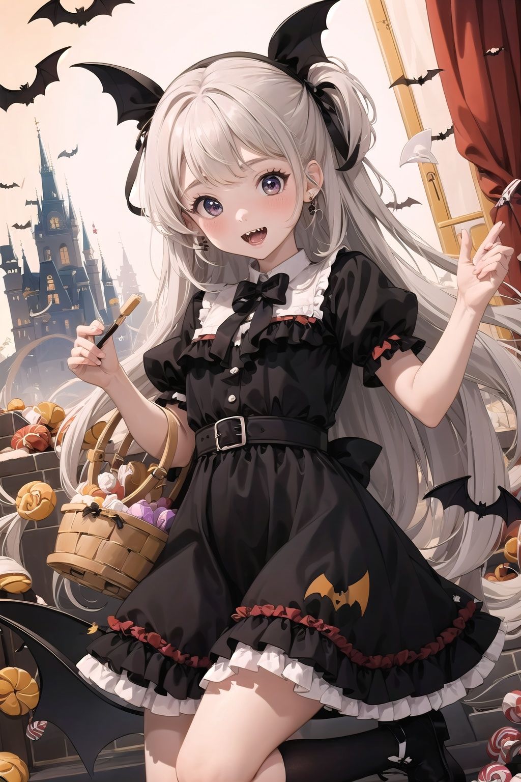  Best quality,16k,cg,1girl,candy,basket,bat,fangs,castle