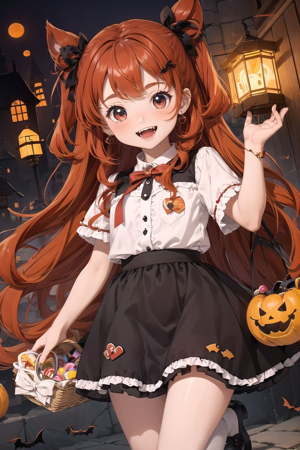  Best quality,16k,cg,1girl,candy,basket,bat,fangs,castle,smile,blush,lantern,orange_bow