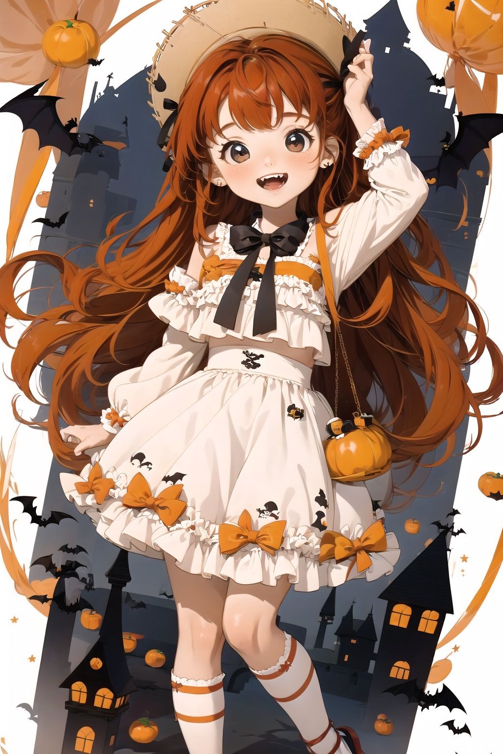  Best quality,16k,cg,1girl,candy,basket,bat,fangs,castle,smile,blush,lantern,orange_bow