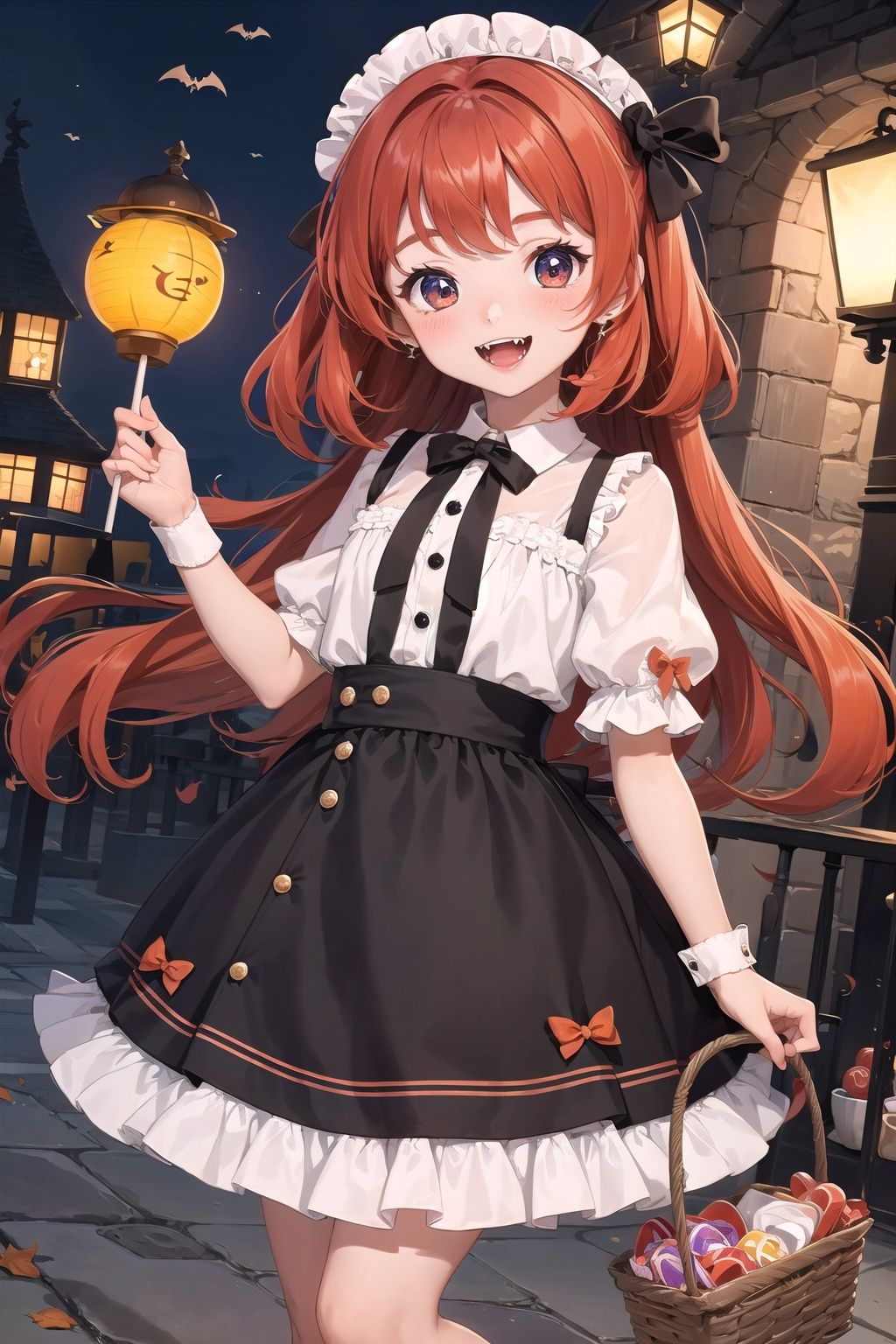  Best quality,16k,cg,1girl,candy,basket,bat,fangs,castle,smile,blush,lantern,orange_bow