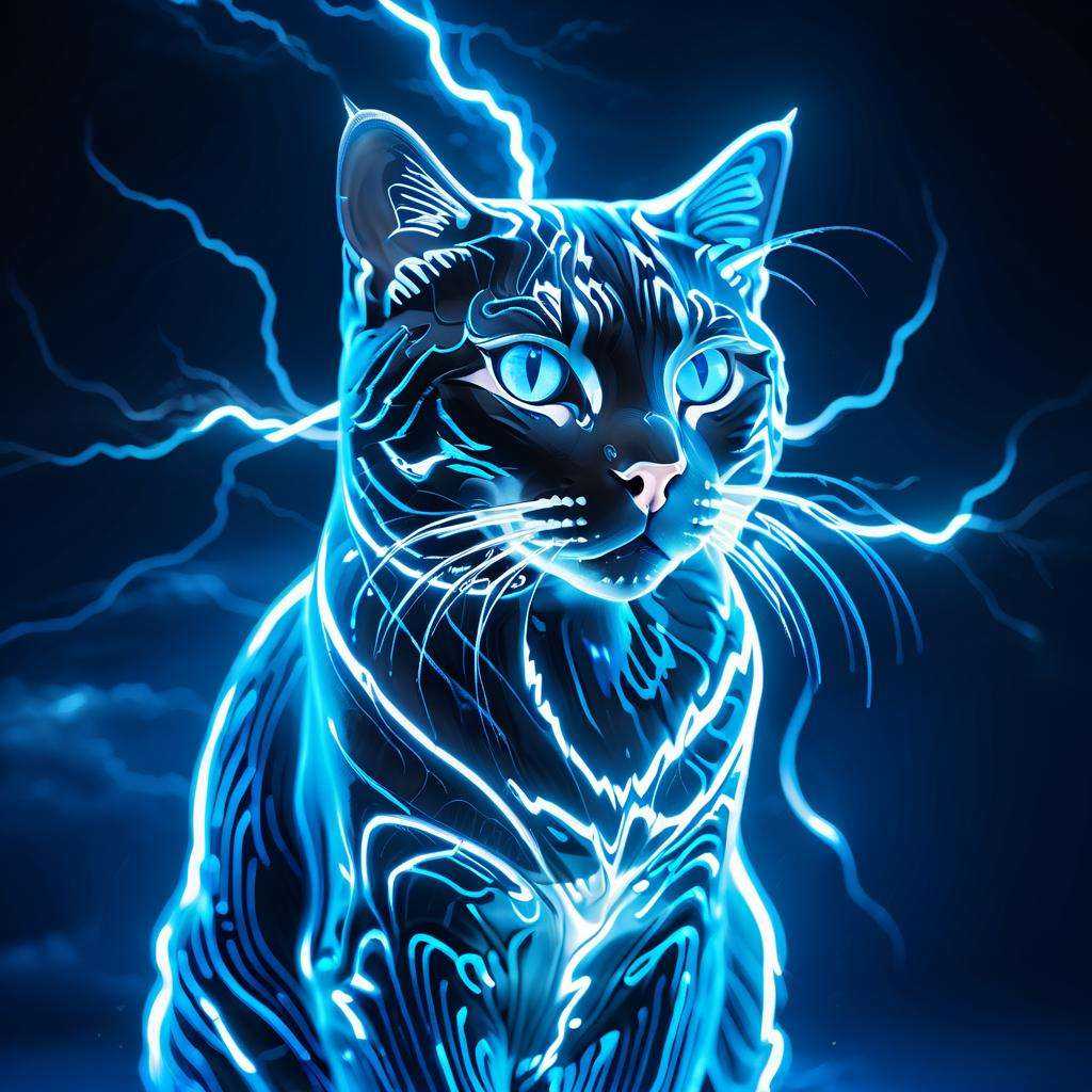 (Masterpiece, high quality, best quality, official art, beauty and aesthetics:1.2),<lora:xl_shanbailing_0927lightning-000010:0.9>,thunder,composed of elements of thunder,cat,no humans,glowing,glowing eyes,blue theme,