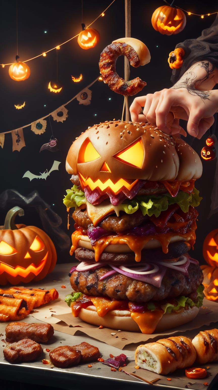 RAW Photo of HalloweenGlowStyle Red a lively summer BBQ party,  burgers and hot dogs on the grill on Tensor.Art